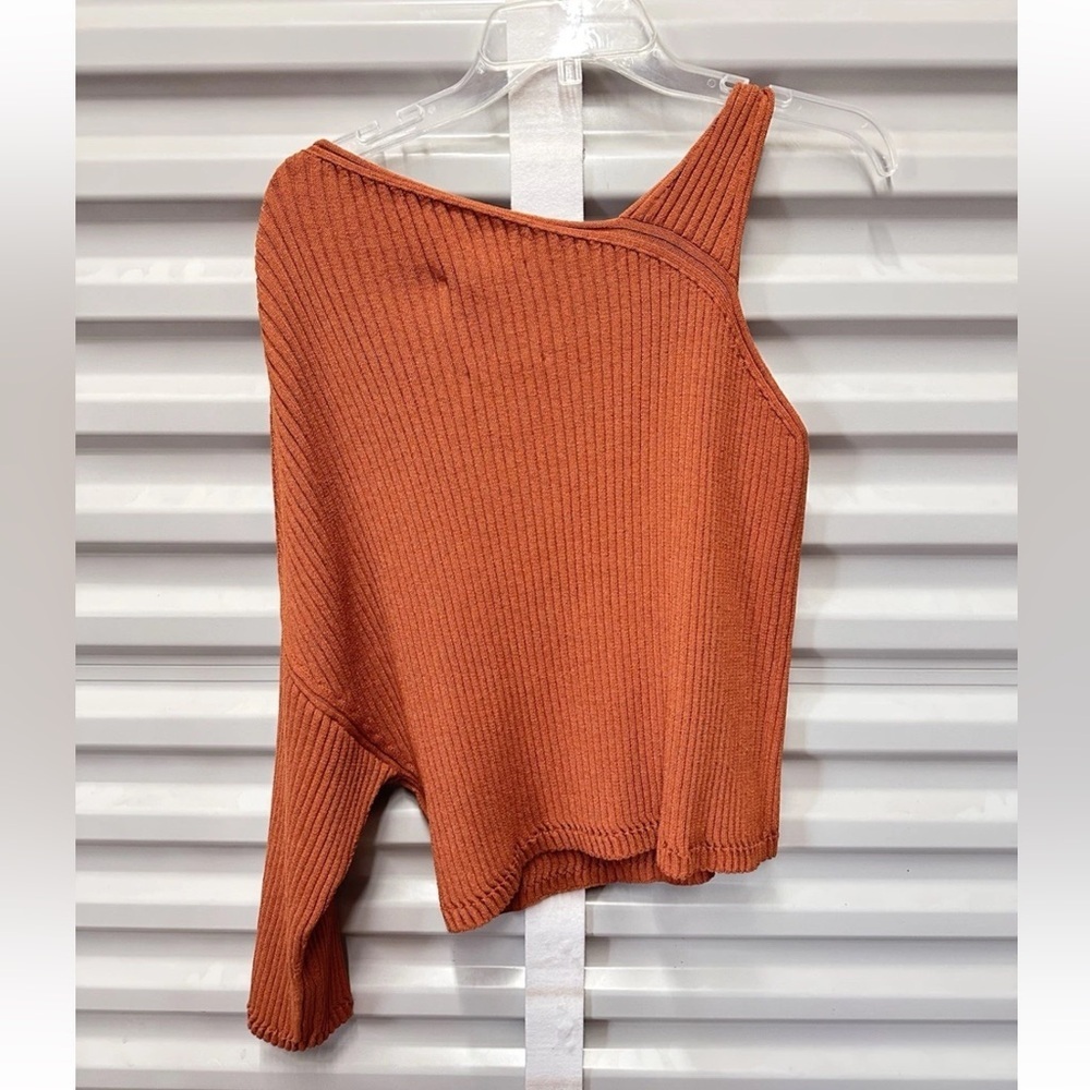 Aeron Asymmetrical Rust One Sleeve Pullover Ribbed Swe - Picture 4 of 6